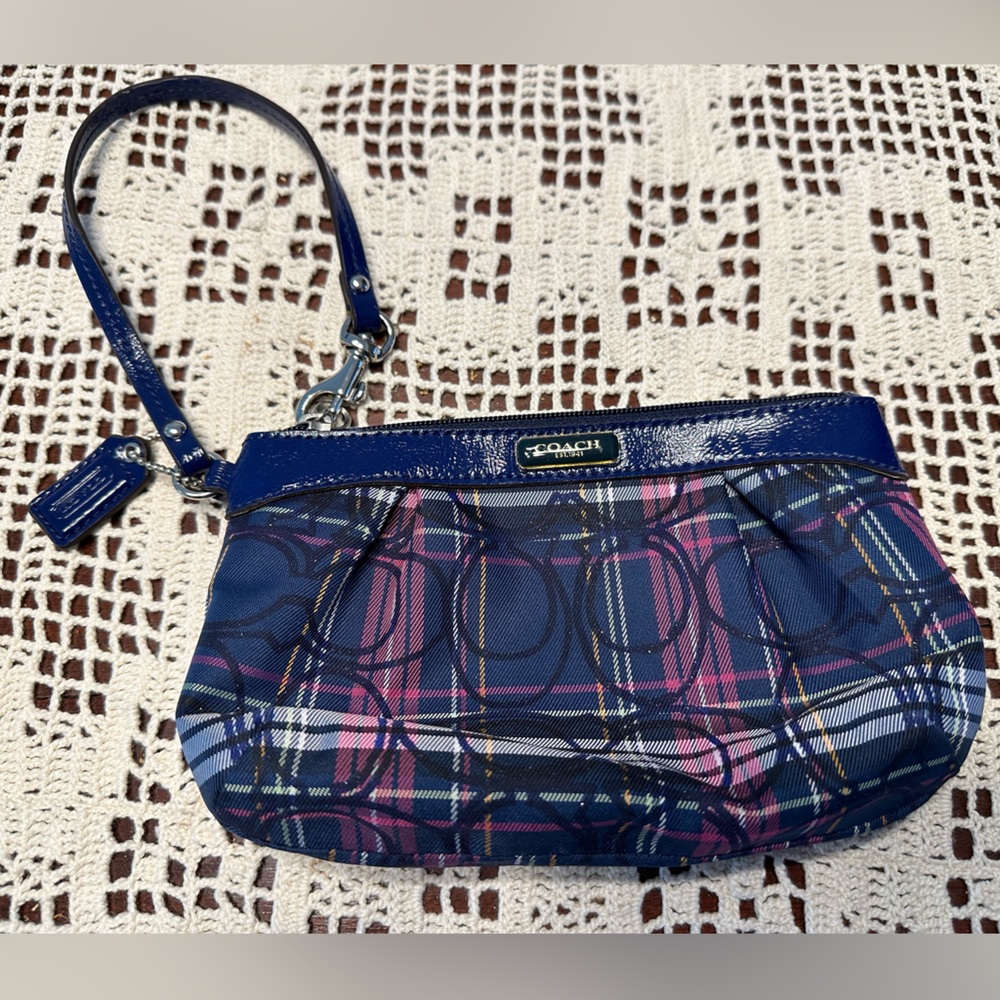 Coach Wristlet Tartan Plaid Small Bag Navy Blue Pink